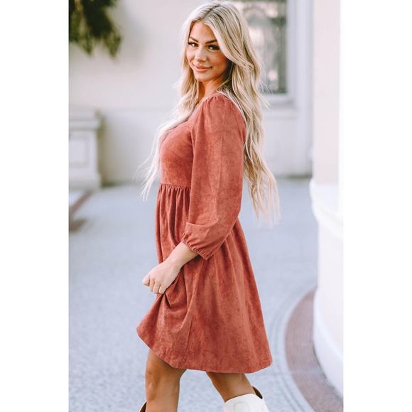 Azura Exchange Brown Suede Square Neck Puff Sleeve Dress - Picture 3 of 8